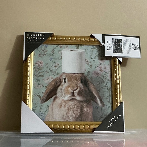 Design District Miami Art Studio Bunny w/ Toilet Paper Hat Framed Wall Art Gold - Picture 2 of 6